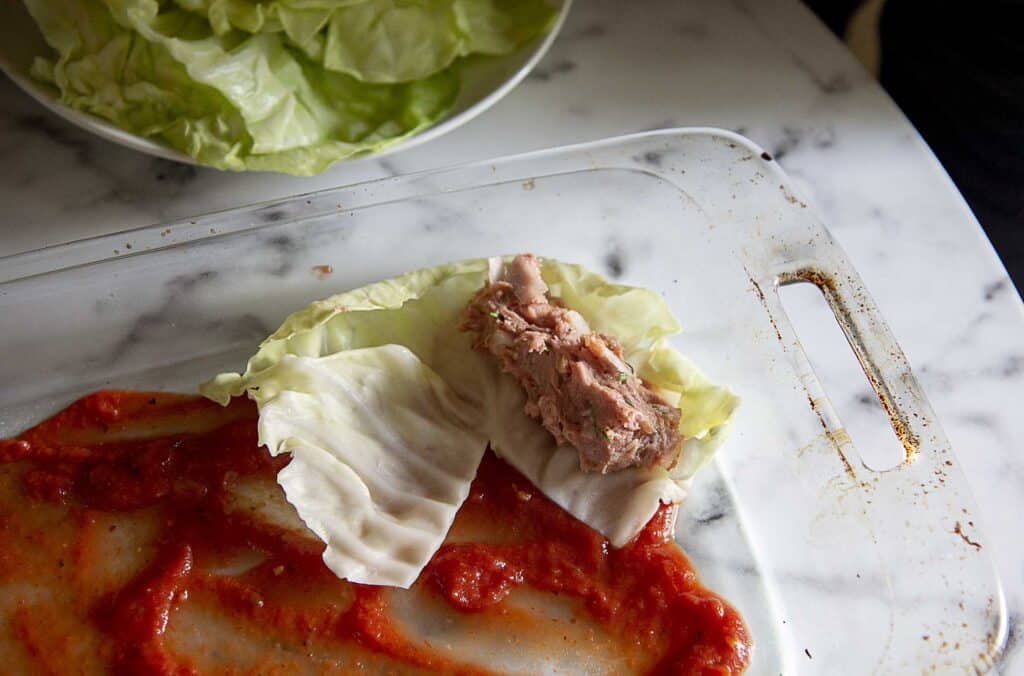 An unwrapped cabbage roll