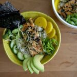 A yellow bowl filled with rice, sliced avocado, cucumber, pickled radish, and grilled fish topped with herbs, seaweed, and green onions—a vibrant Salmon Rice Bowl Recipe. Another similar bowl is partially visible in the background on a wooden surface.