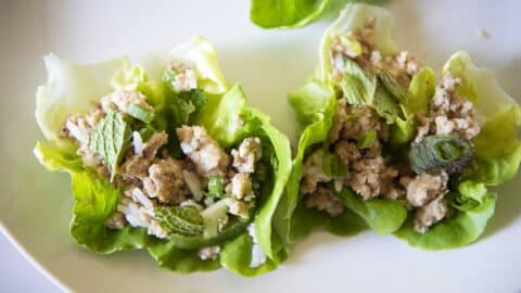 Chicken larb served in a lettuce cup with rice