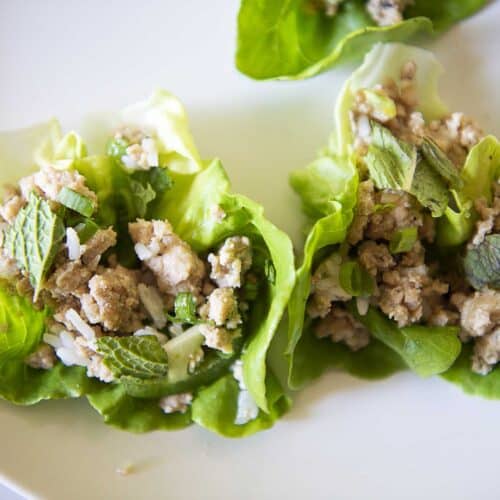 Chicken larb served in a lettuce cup with rice