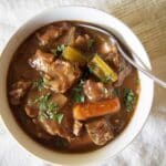 Crockpot beef stew in a white bowl
