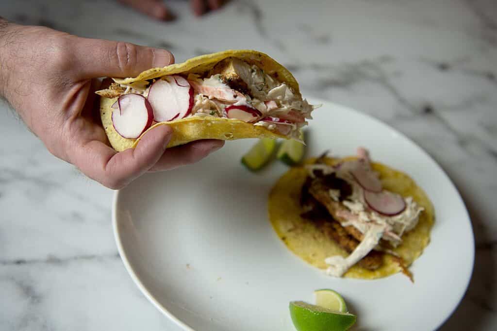 Blackened Mahi Mahi on a corn tortilla