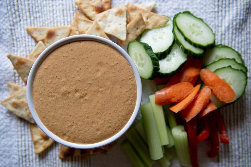 Chipotle bitchin' sauce with vegetables and crackers