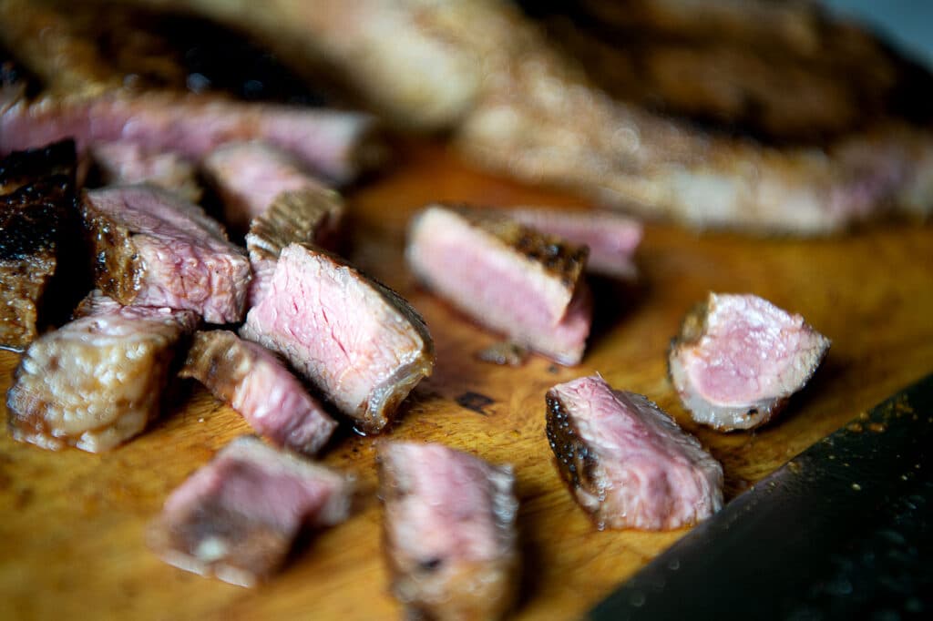Cut up pieces of steak