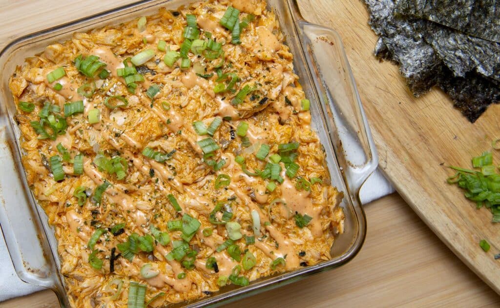 salmon sushi bake in a casserole dish