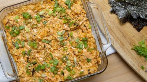 salmon sushi bake in a casserole dish