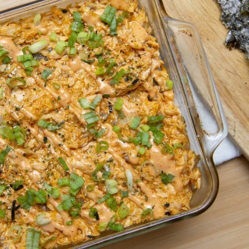 salmon sushi bake in a casserole dish