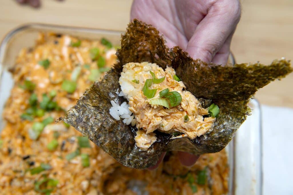 salmon sushi bake in a nori sheet