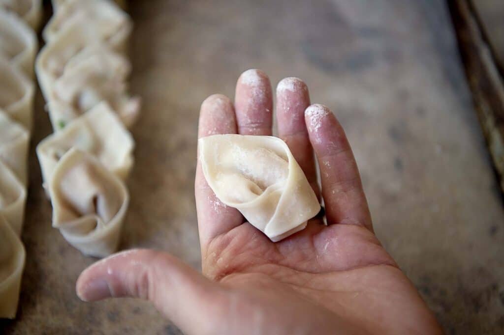 a wonton in the palm of a hand