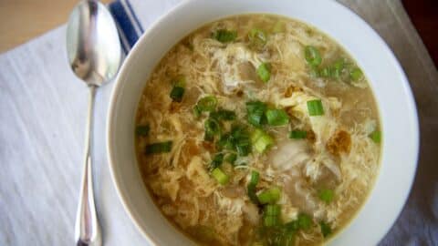 a bowl of wonton egg drop soup