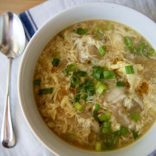 a bowl of wonton egg drop soup