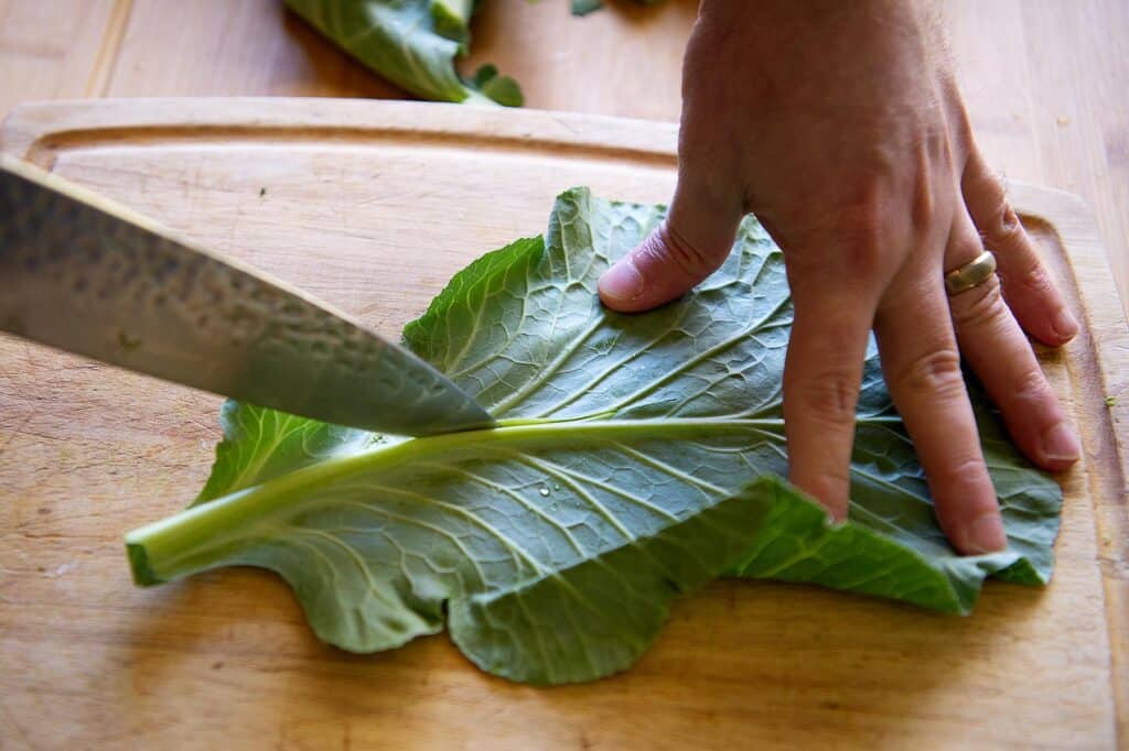 cut the thick stem from your collards