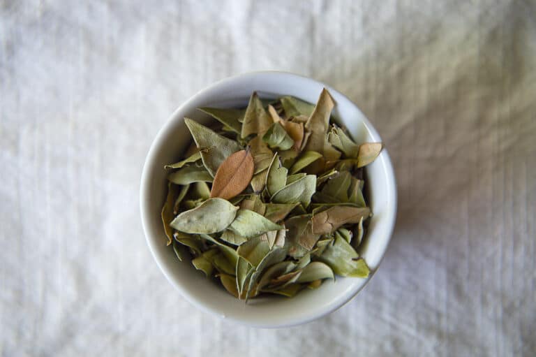 Top down shot of myrtle leaves resting in a ramakin.