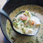 knoephla soup in a cast-iron pot.