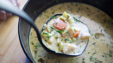 knoephla soup in a cast-iron pot.