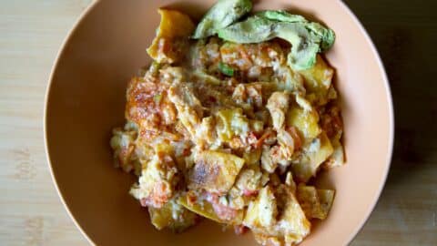 Top down shot of a bowl full of finished migas with avocado on the side.