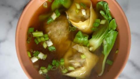 A bowl of Wonton Soup with green onions and bok choy sits in a clear broth, shown from above on a white surface.