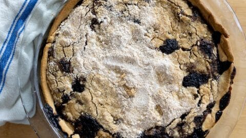 A close-up of a Shoofly Pie with a golden-brown, slightly cracked crust and patches of dark fruit filling, dusted with powdered sugar, in a clear pie dish next to a blue-striped kitchen towel.