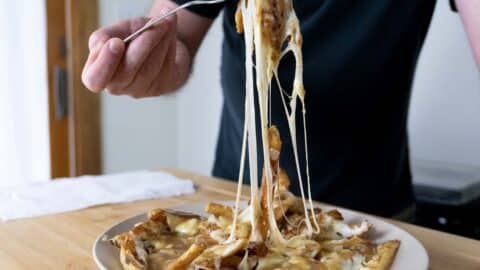 A person lifts a forkful of cheesy Disco Fries, with melted cheese stretching from the plate. The plate holds fries topped with rich gravy and gooey cheese, sitting invitingly on a wooden table.