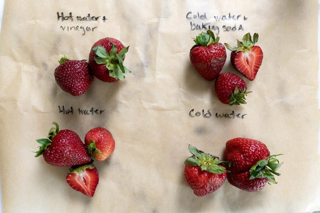 Strawberries set out on parchment paper showing how they've been cleaned using various methods.