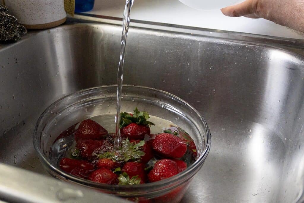 Strawberries being washed in vinegar.