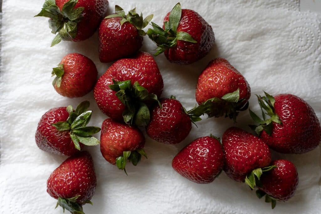 Strawberries being dried off on a paper towel.