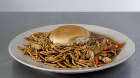 A white plate with a Chow Mein Sandwich—noodles, chicken pieces, sliced vegetables, and a hamburger bun on top—set on a gray surface with a plain background.