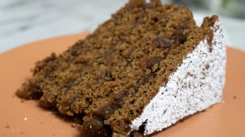 A close-up of a single slice of spiced Apple Stack Cake with a crumbly texture, topped with powdered sugar, resting on an orange plate.