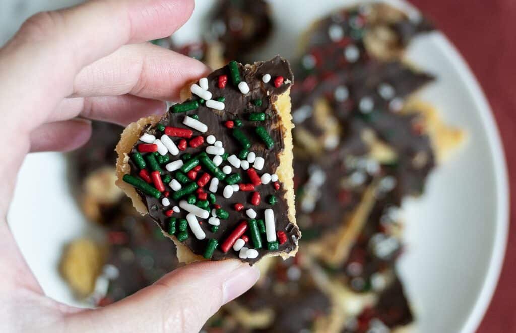 A hand holds a piece of chocolate-covered cookie topped with red, white, and green sprinkles, with more decorated cookies blurred in the background on a white plate.