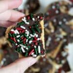 A hand holds a piece of chocolate-covered cookie topped with red, white, and green sprinkles, with more decorated cookies blurred in the background on a white plate.
