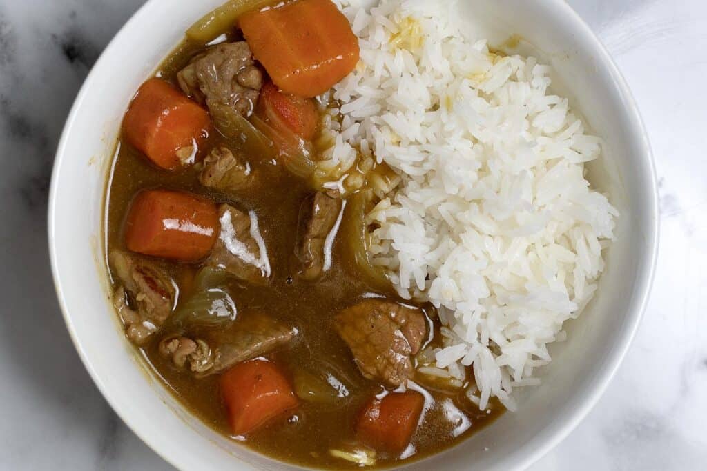 A bowl of rice and meat.