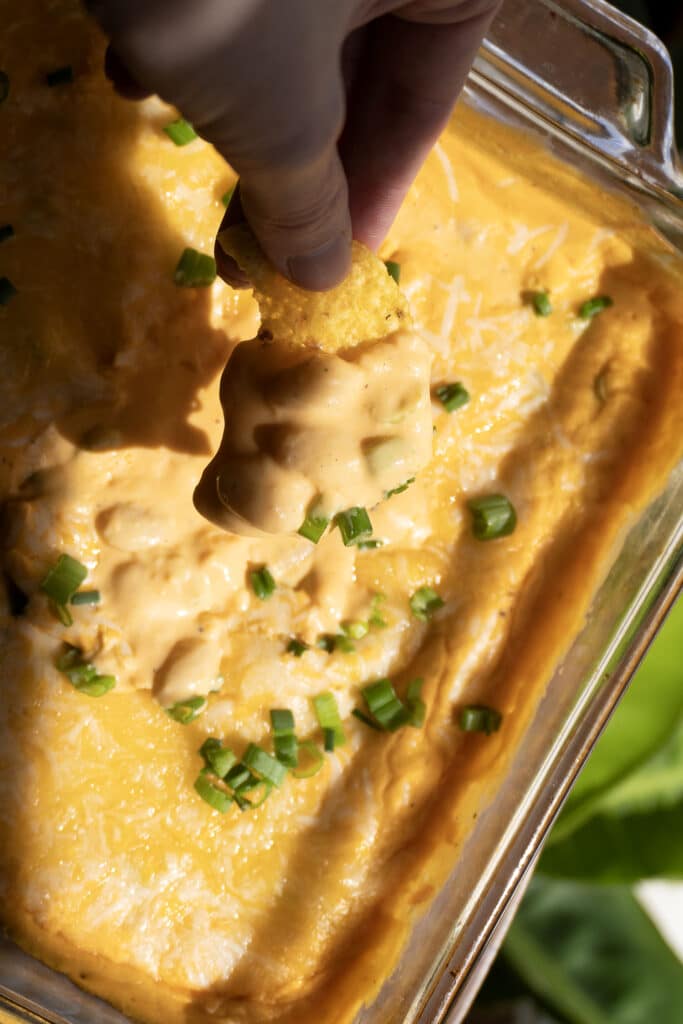 A hand dips a tortilla chip into a creamy, cheesy dip topped with chopped green onions in a glass baking dish.