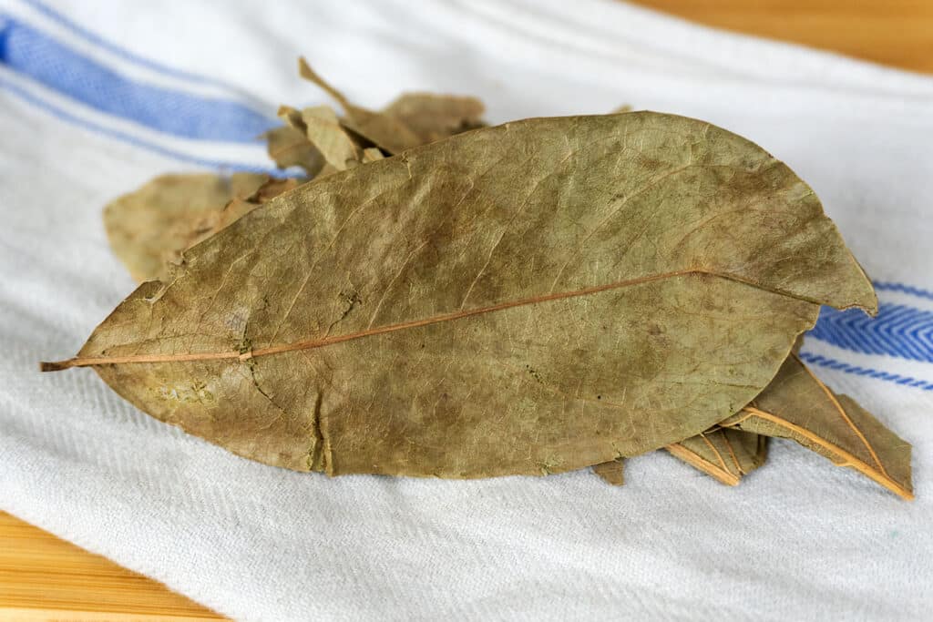 A close-up of several dried bay leaves on a white cloth with blue stripes, placed on a wooden surface.