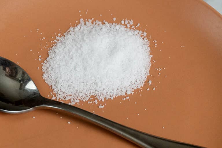 A small pile of coarse white salt is on an orange plate, with a metal spoon placed beside it.