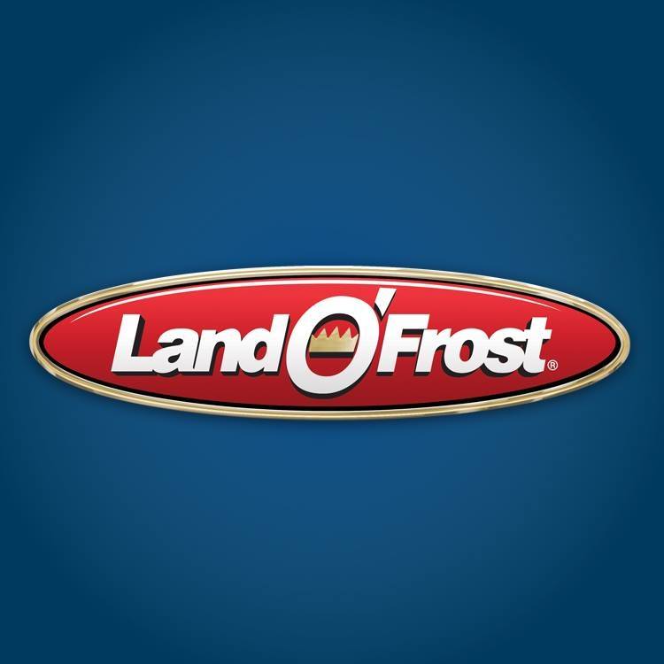 About us: The Land OFrost logo features white text with a stylized O on a red oval background, outlined in gold, set against a blue backdrop.
