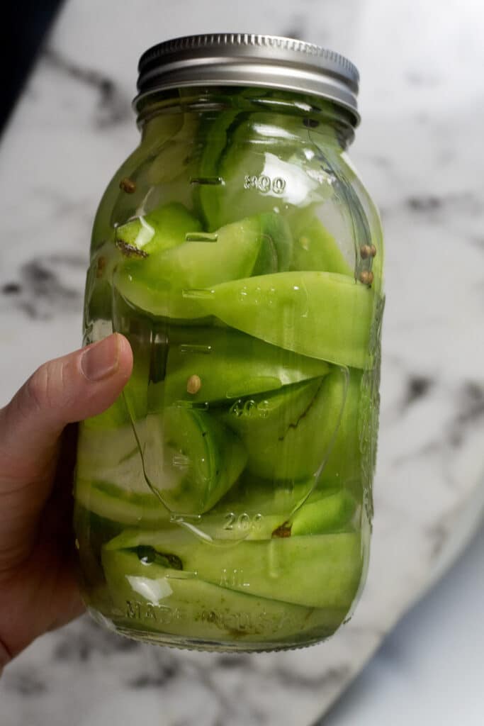 A hand holds a mason jar filled with sliced green apples in brine or pickling liquid, with spices visible inside. The background is out of focus, showing a white and gray surface.